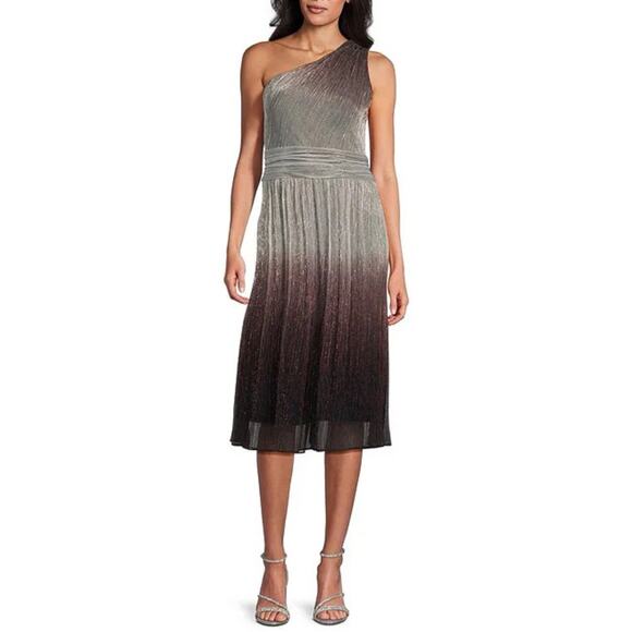 Ignite Evenings Dress Size 8 Ombre Metallic Sleeveless One Shoulder Sheath Midi - Picture 1 of 16